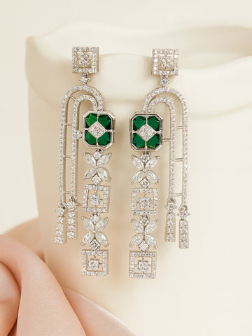 KARATCART Sparkling Green American Diamond Silver-Plated Floral Drop Earrings for Women