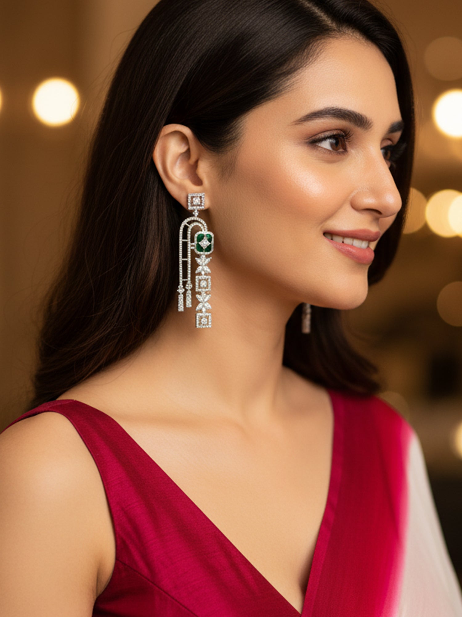 KARATCART Sparkling Green American Diamond Silver-Plated Floral Drop Earrings for Women - view 2