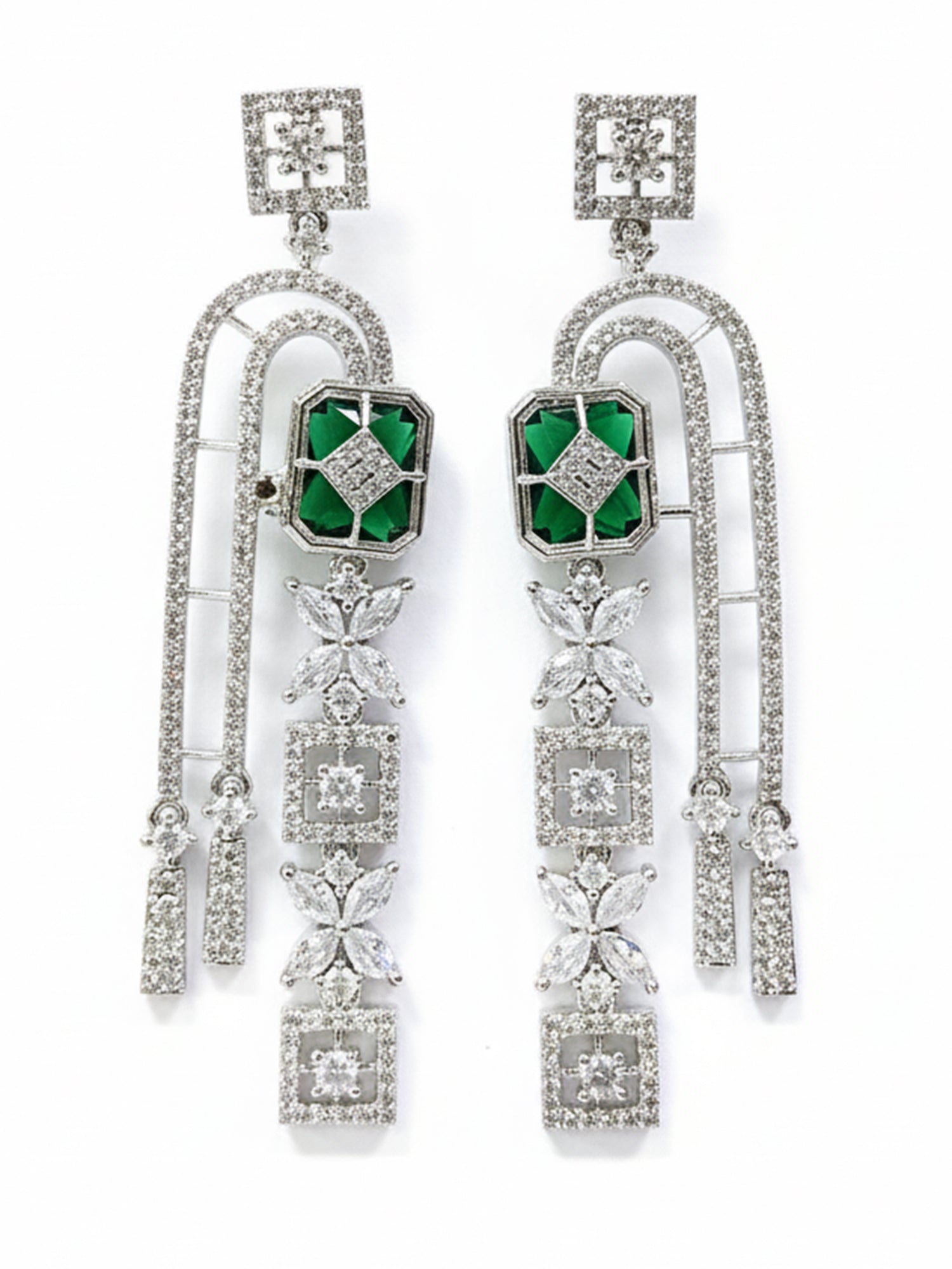 KARATCART Sparkling Green American Diamond Silver-Plated Floral Drop Earrings for Women - view 3
