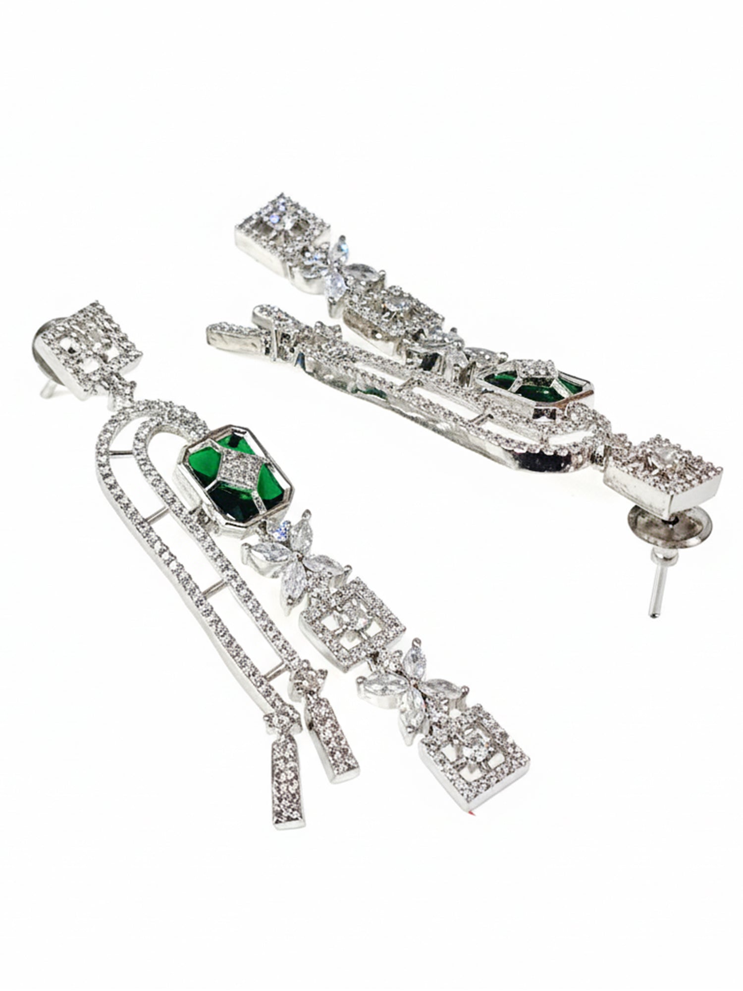KARATCART Sparkling Green American Diamond Silver-Plated Floral Drop Earrings for Women - view 4