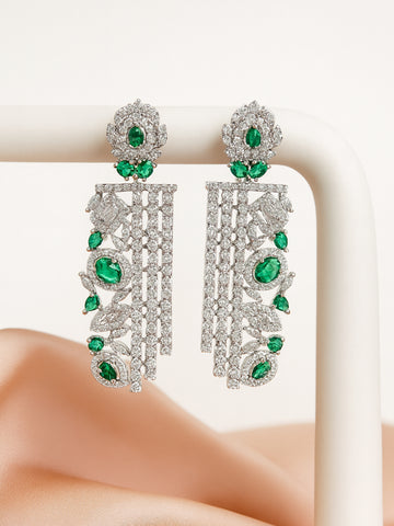 KARATCART Luxurious Green American Diamond Silver-Plated Floral Drop Earrings for Women
