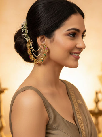 KARATCART Designer Gold-Plated Red and Green Stone Studded Peacock Kaanchain Earrings for Women