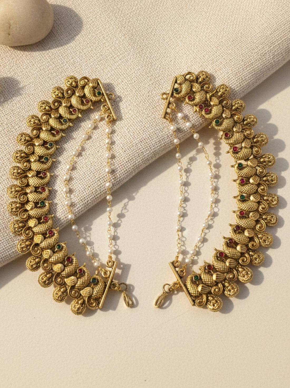 KARATCART Handcrafted Gold-Plated Peacock Motif Lakshmi Coin Red Green Kaanchain Earrings for Women