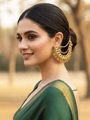 KARATCART Handcrafted Gold-Plated Peacock Motif Lakshmi Coin Red Green Kaanchain Earrings for Women