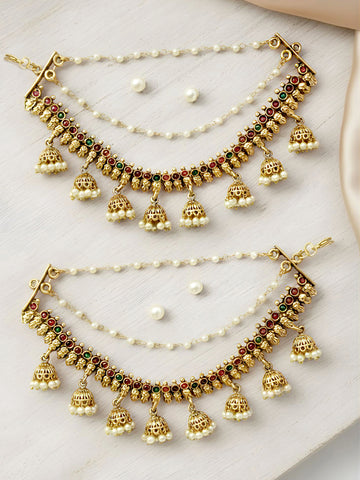 KARATCART Handcrafted Gold-Plated Multicolor Stone Jhumka Kaanchain Earrings for Women