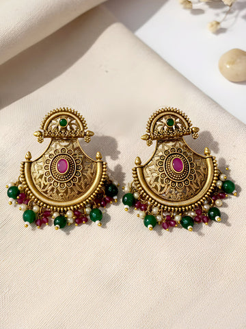 KARATCART Traditional Antique Gold-Plated Pink Stone & Green Bead Dangler Earrings for Women