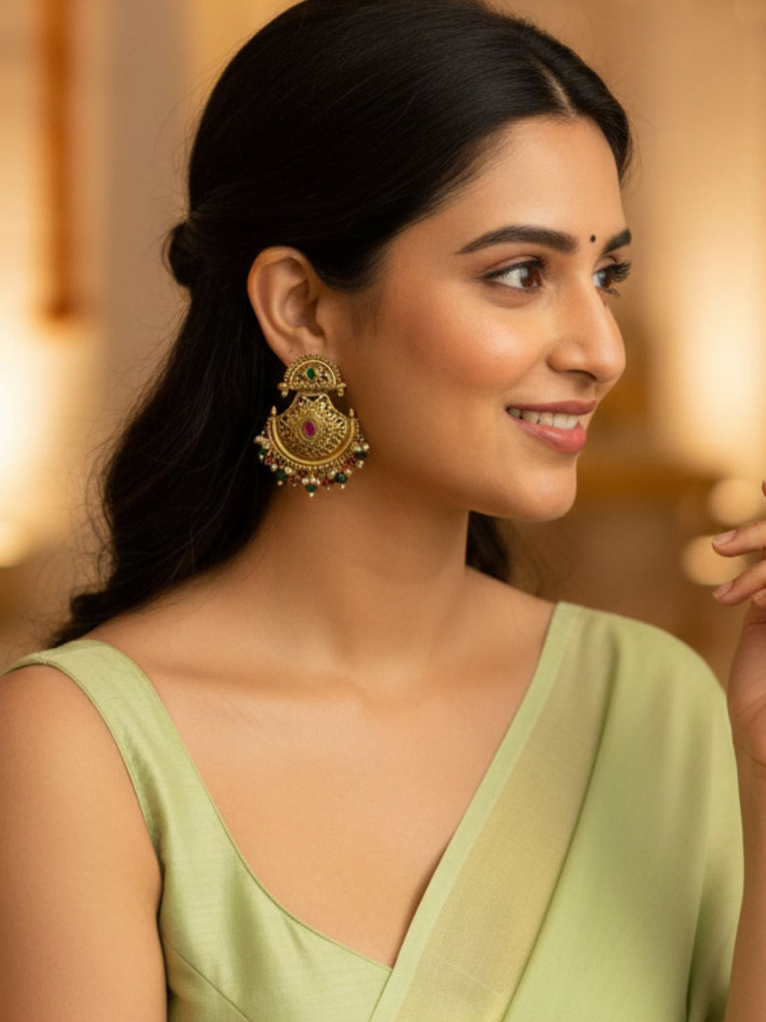 KARATCART Traditional Antique Gold-Plated Pink Stone & Green Bead Dangler Earrings for Women