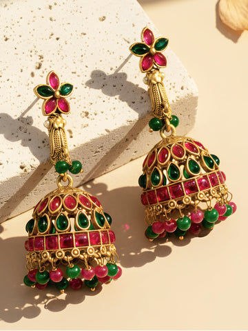 KARATCART Designer Gold-Plated Green & Pink Stone Bird Jhumki Earrings for Women