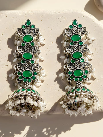 KARATCART Traditional Oxidised Silver Green Stone & Pearl Drop Earrings for Women
