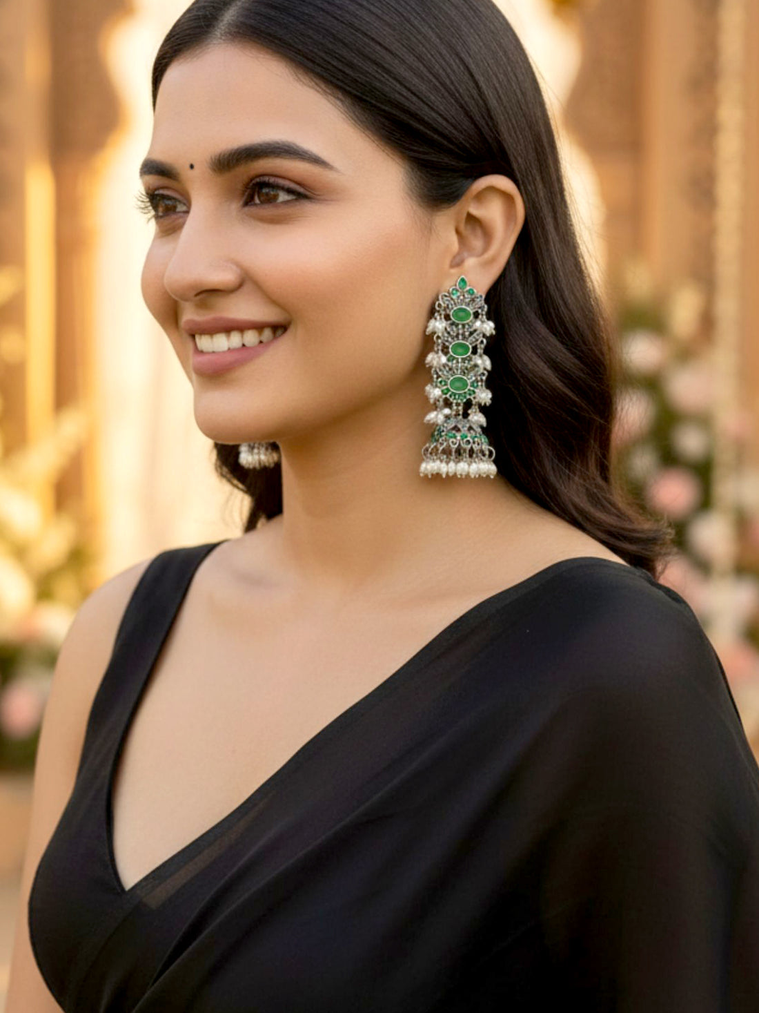 KARATCART Traditional Oxidised Silver Green Stone & Pearl Drop Earrings for Women