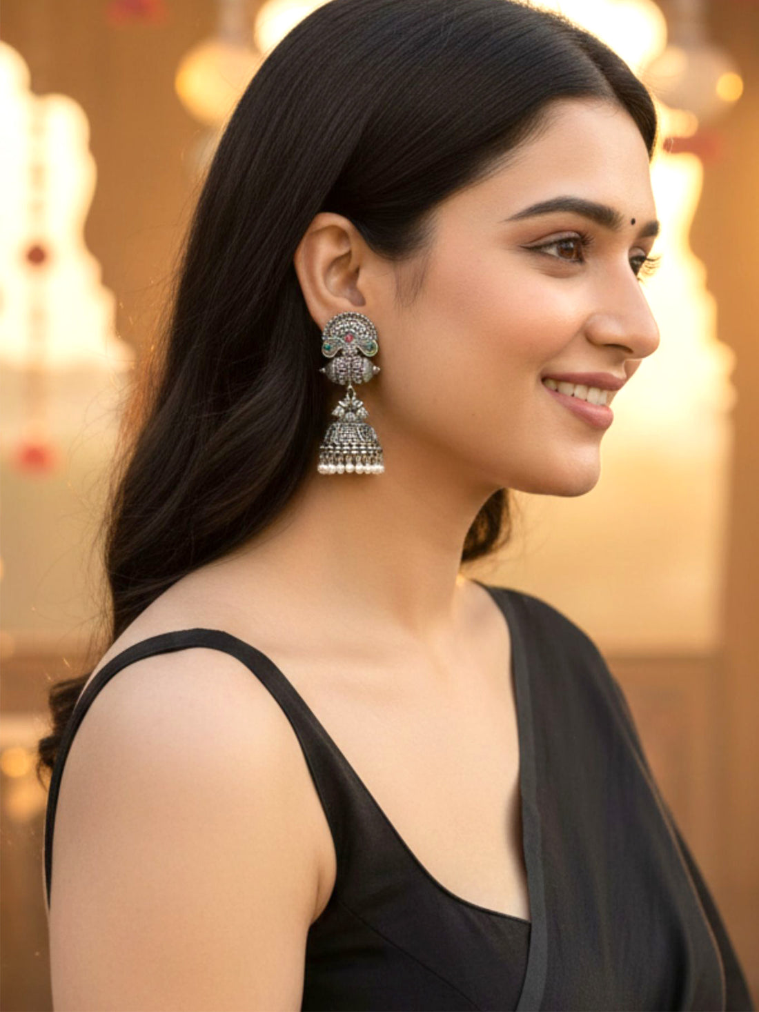 KARATCART Designer Oxidised Silver-Plated Temple Style Jhumki Earrings with Pearl for Women