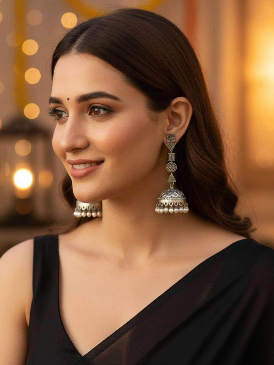 KARATCART Traditional Oxidised Silver-Plated Tribal Style Jhumki Earrings with Pearl for Women