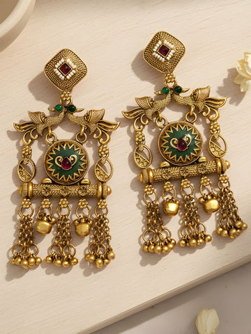 KARATCART Designer Gold-Plated Green Stone Temple Dangler Earrings for Women