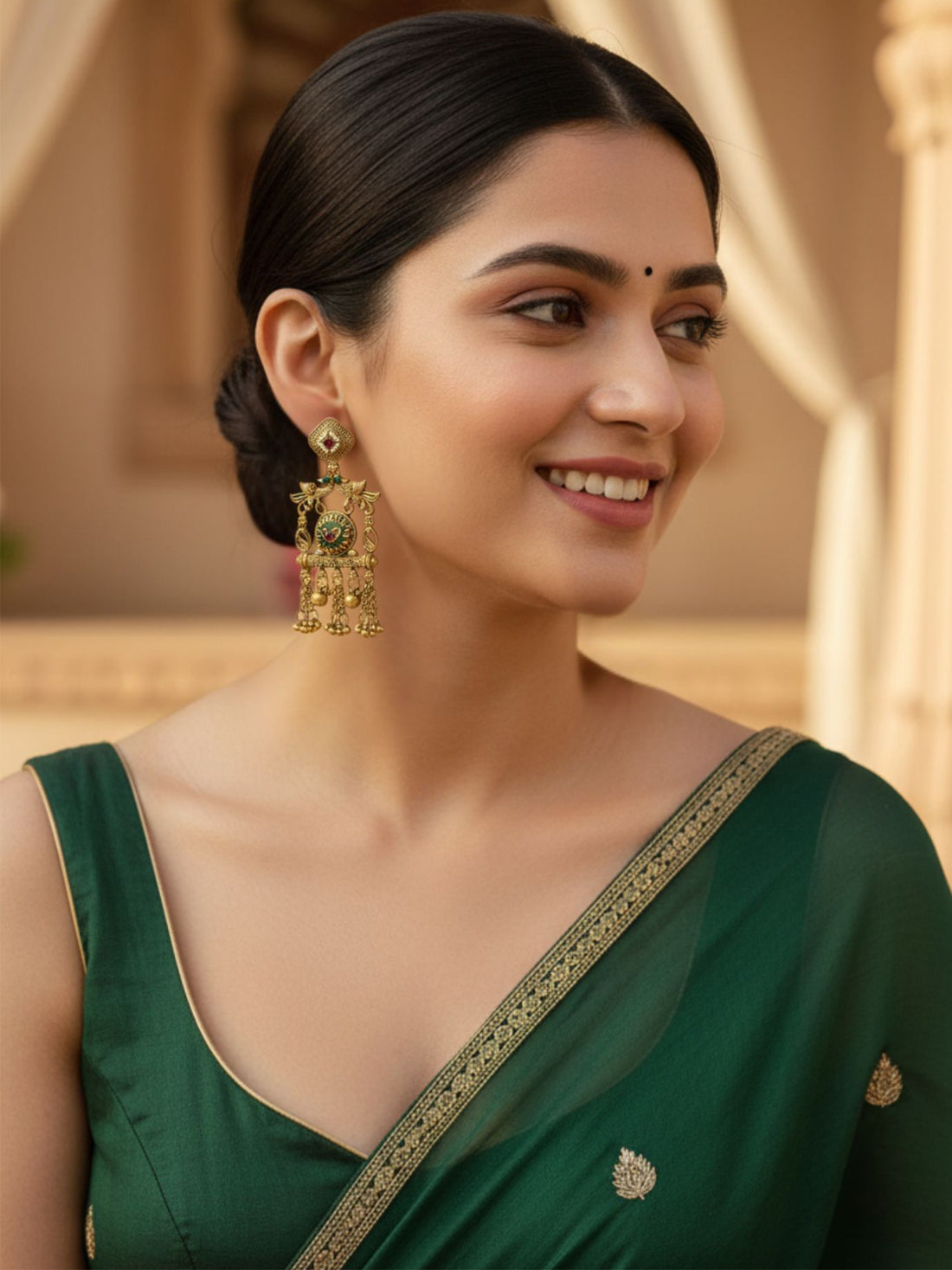 KARATCART Designer Gold-Plated Green Stone Temple Dangler Earrings for Women