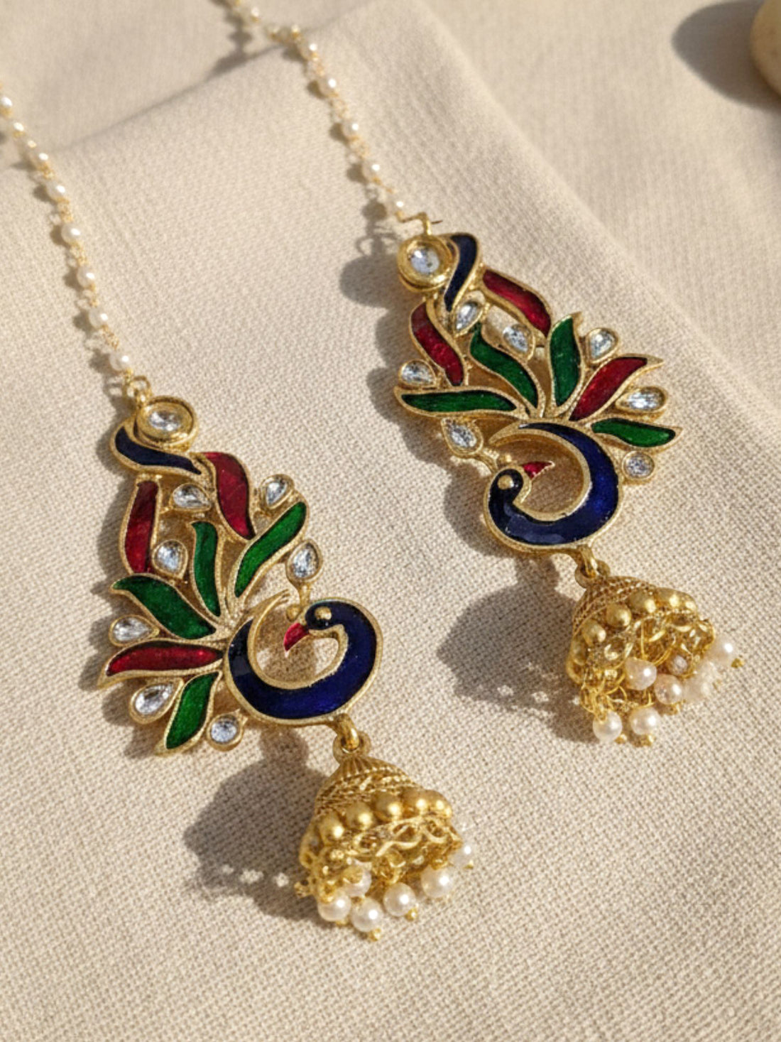 KARATCART Designer Gold-Plated Multicolor Enamel Peacock Kaanchain Dangler Earrings for Women