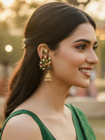 KARATCART Designer Gold-Plated Multicolor Enamel Peacock Kaanchain Dangler Earrings for Women