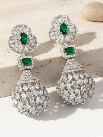 KARATCART Designer Silver-Plated Green American Diamond Teardrop Drop Earrings for Women