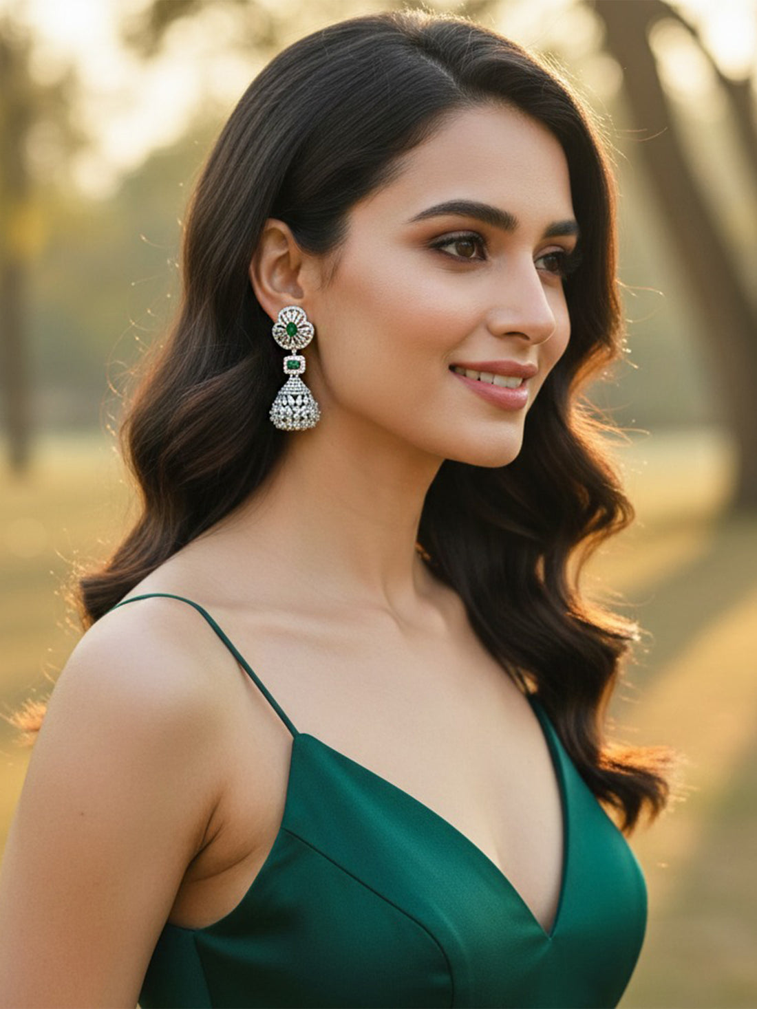 KARATCART Designer Silver-Plated Green American Diamond Teardrop Drop Earrings for Women