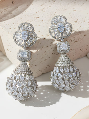 KARATCART Designer Silver-Plated White American Diamond Teardrop Drop Earrings for Women