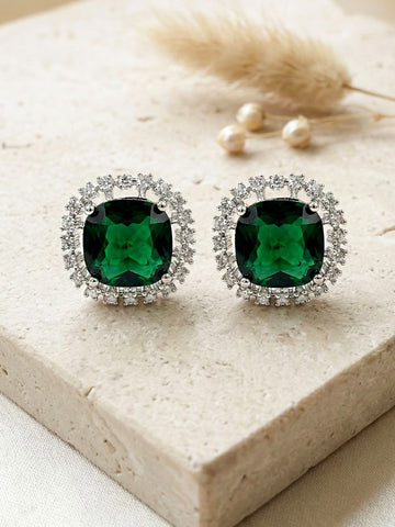 KARATCART Luxurious Green American Diamond Stud Earrings for Women