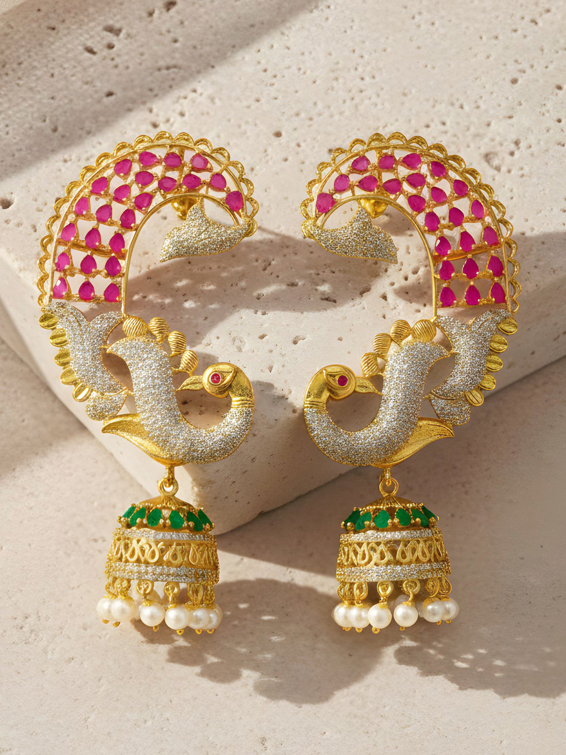 KARATCART Handcrafted Gold-Plated Pink Stone Peacock Motif Jhumka Cuff Earrings for Women