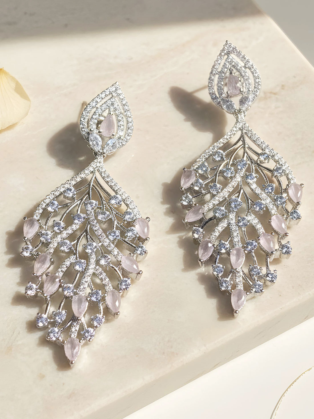 KARATCART Designer Silver-Toned Floral Vine Design Pink American Diamond Dangler Earrings for Women