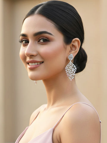 KARATCART Designer Silver-Toned Floral Vine Design Pink American Diamond Dangler Earrings for Women