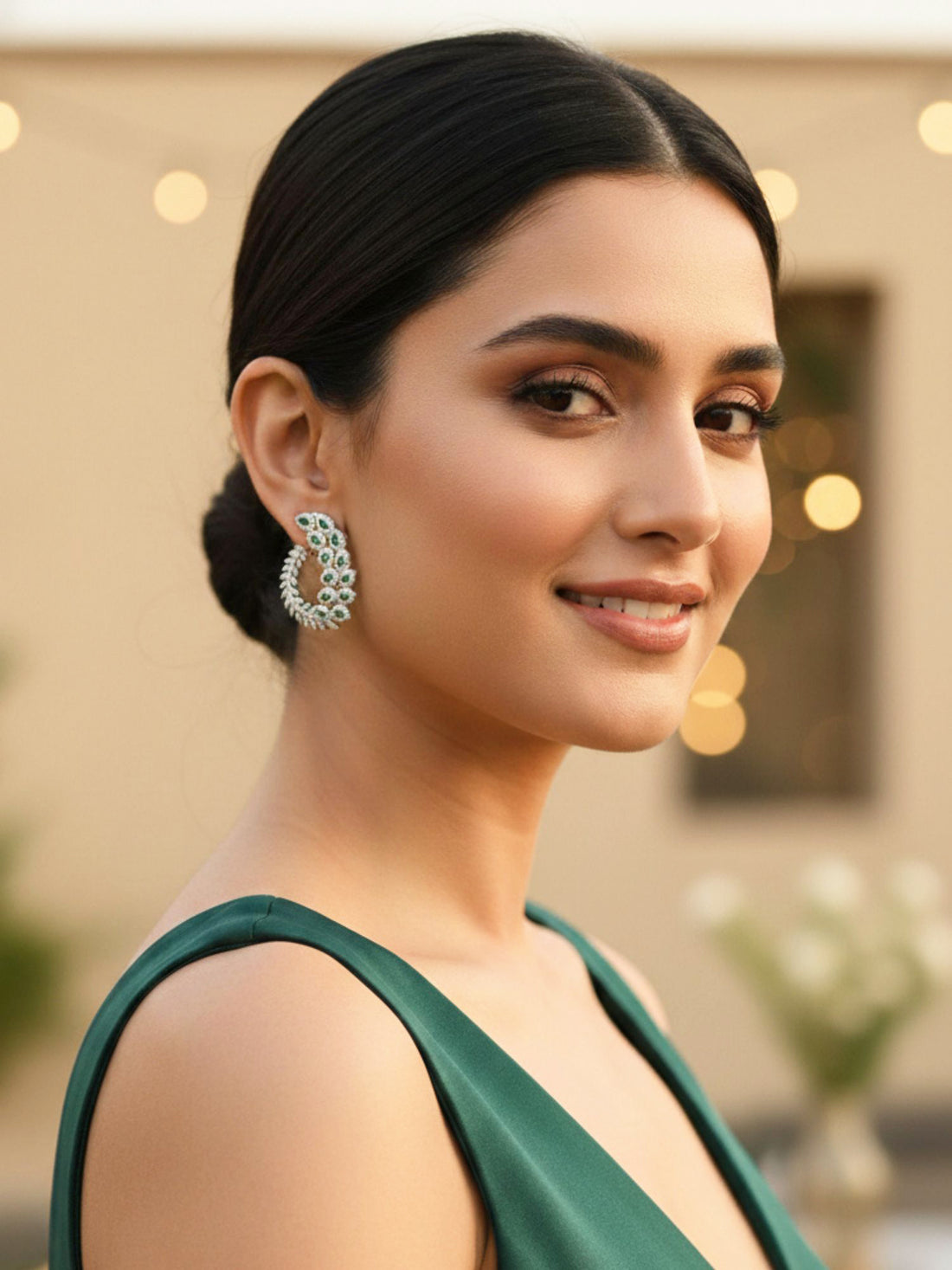 KARATCART Modern Silver-Toned Green American Diamond Peacock Design Stud Earrings for Women