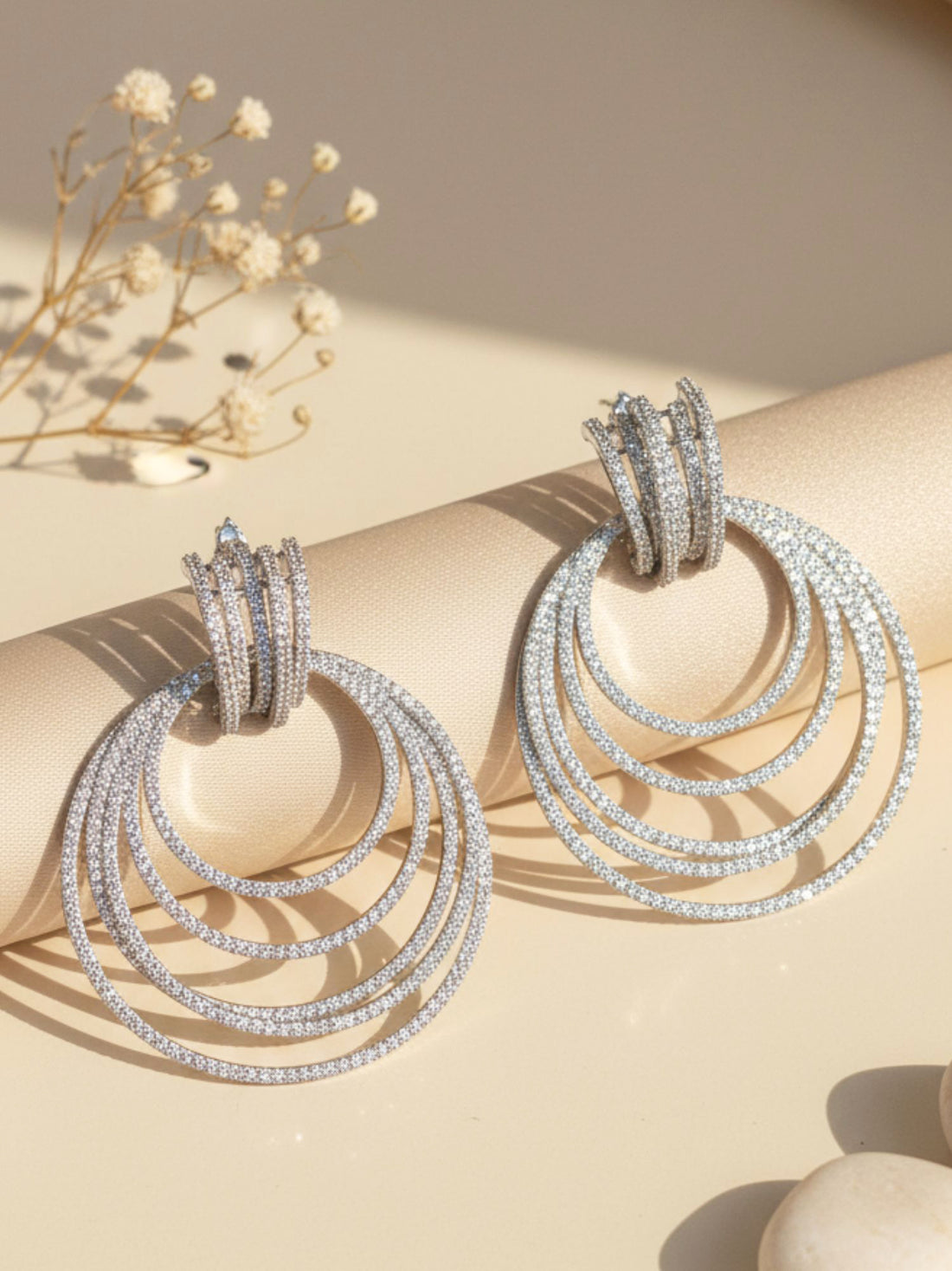 KARATCART Designer Silver-Toned White American Diamond Circular Dangler Earrings for Women