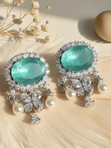 KARATCART Elegant Silver-Toned Sea Green Oval American Diamond Pearl Drop Earrings for Women