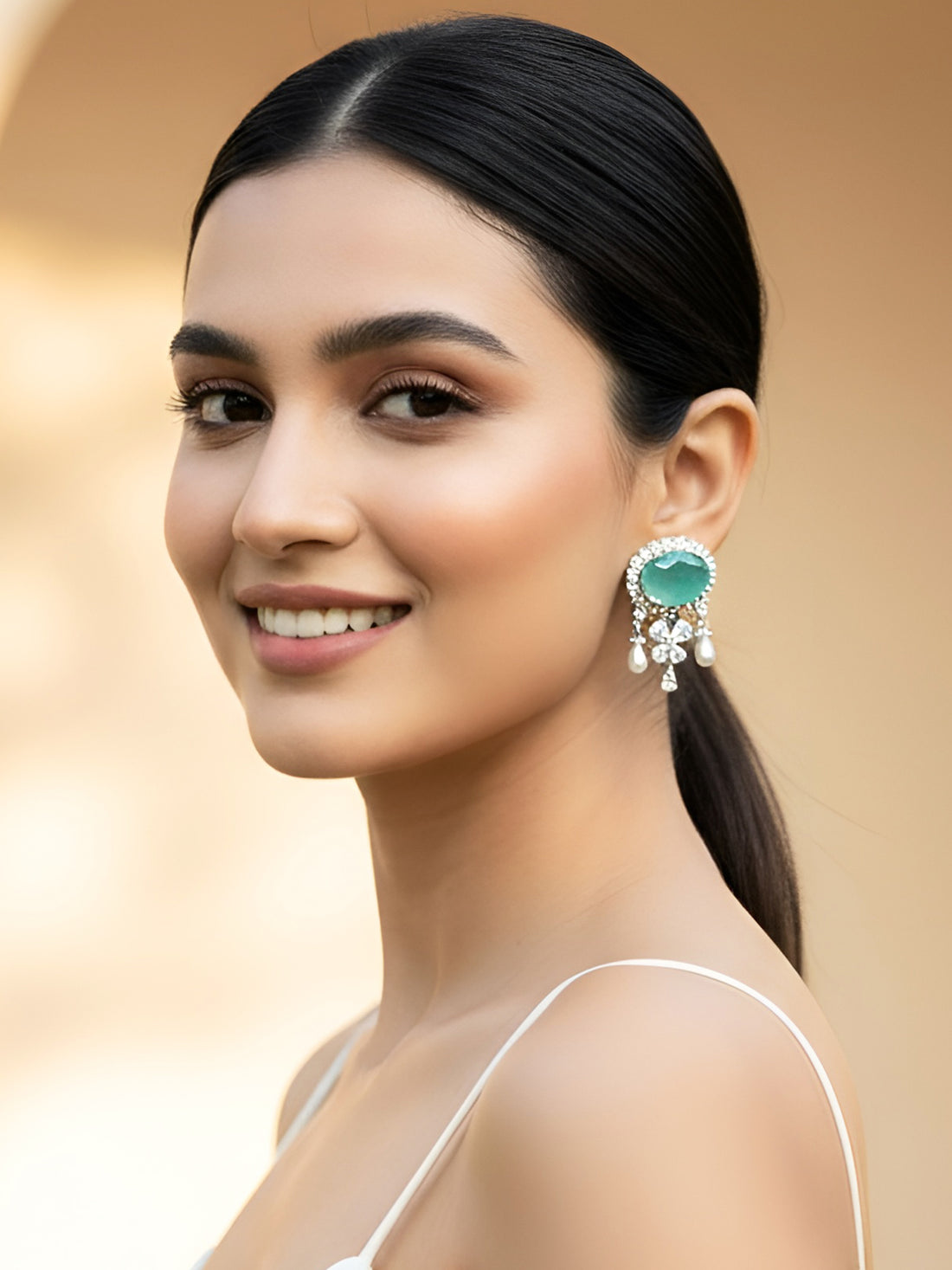 KARATCART Elegant Silver-Toned Sea Green Oval American Diamond Pearl Drop Earrings for Women