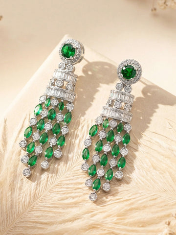 KARATCART Elegant Silver-Toned Green Marquise Cut American Diamond Drop Earrings for Women