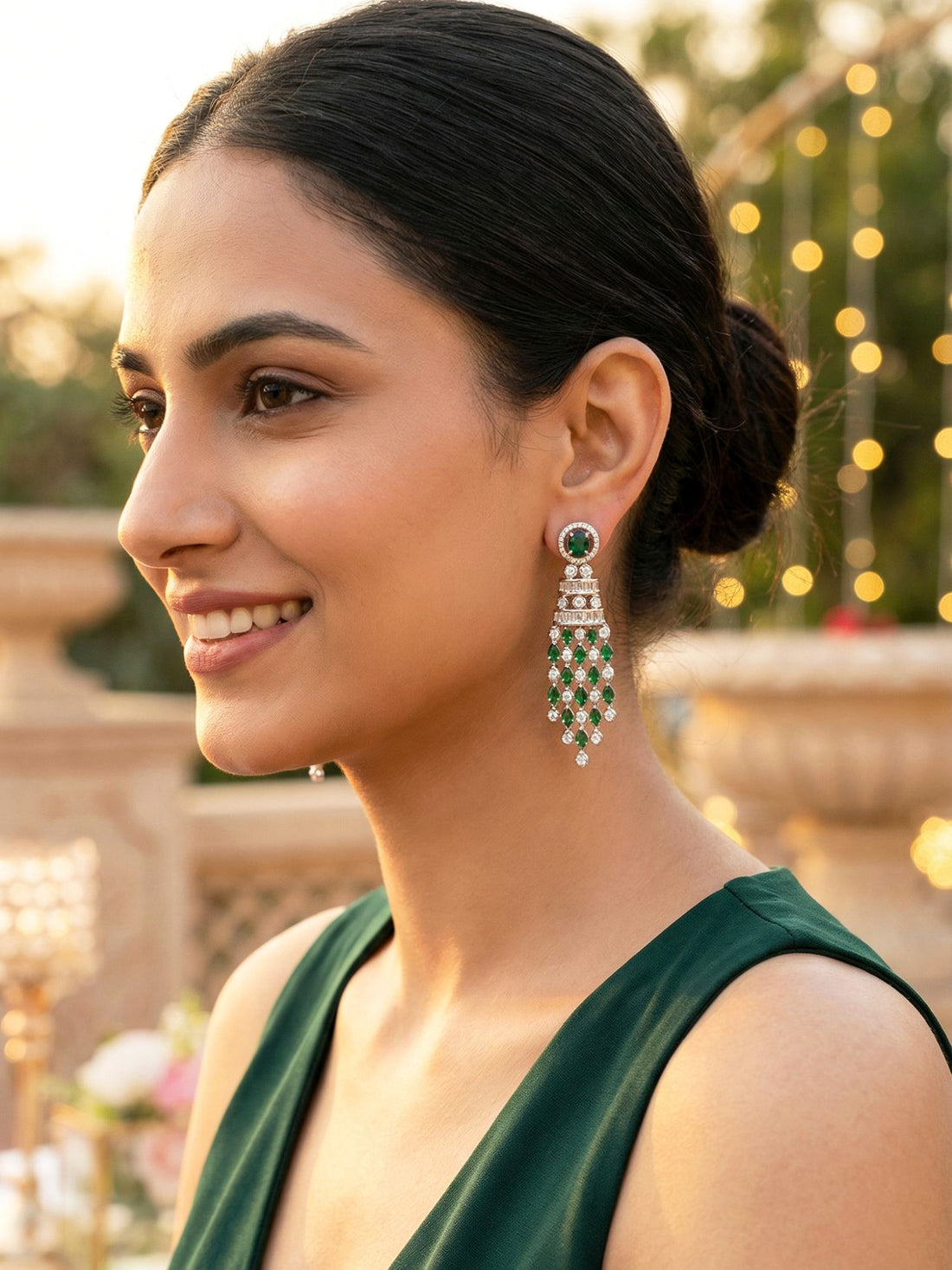 KARATCART Elegant Silver-Toned Green Marquise Cut American Diamond Drop Earrings for Women