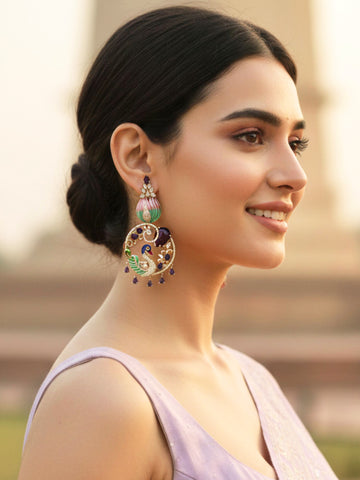 KARATCART Gold-Plated Multicolor Enamel Peacock Motif American Diamond Dangler Earrings for Women