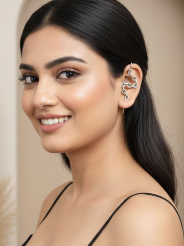 KARATCART Designer Oxidised Silver-Plated Link Chain Design Cuff Earrings for Women