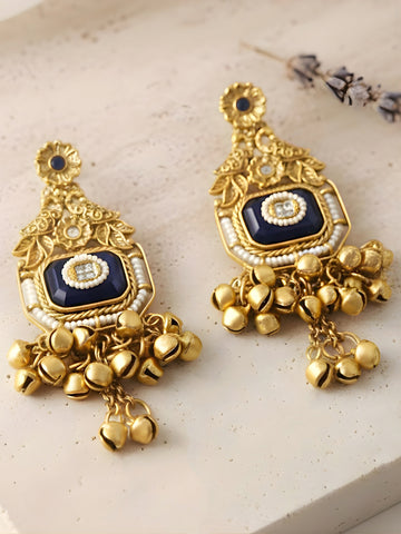 KARATCART Designer Gold-Plated Blue Stone Pearl Studded Ghungroo Dangler Earrings for Women