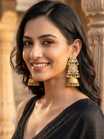KARATCART Designer Gold-Plated Lotus Motif White Stone Floral Ghungroo Jhumki Earrings for Women