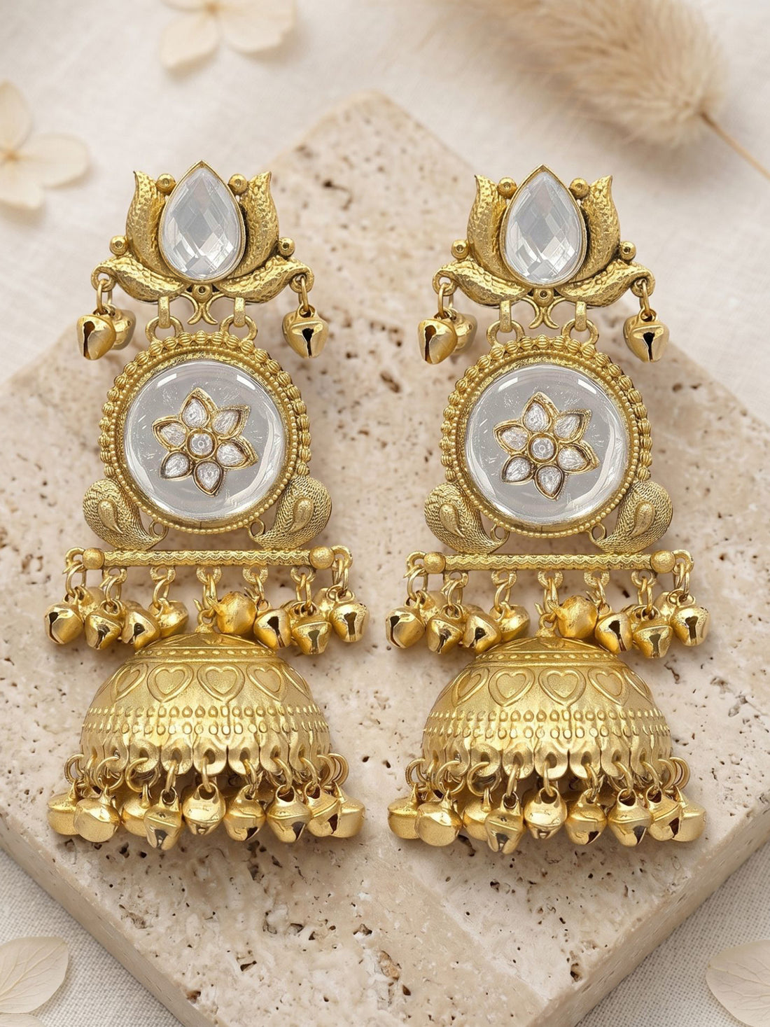 KARATCART Designer Gold-Plated Lotus Motif White Stone Floral Ghungroo Jhumki Earrings for Women