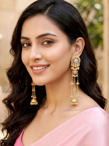 KARATCART Traditional Gold-Plated White Stone Floral Long Kashmiri Dangler Earrings for Women