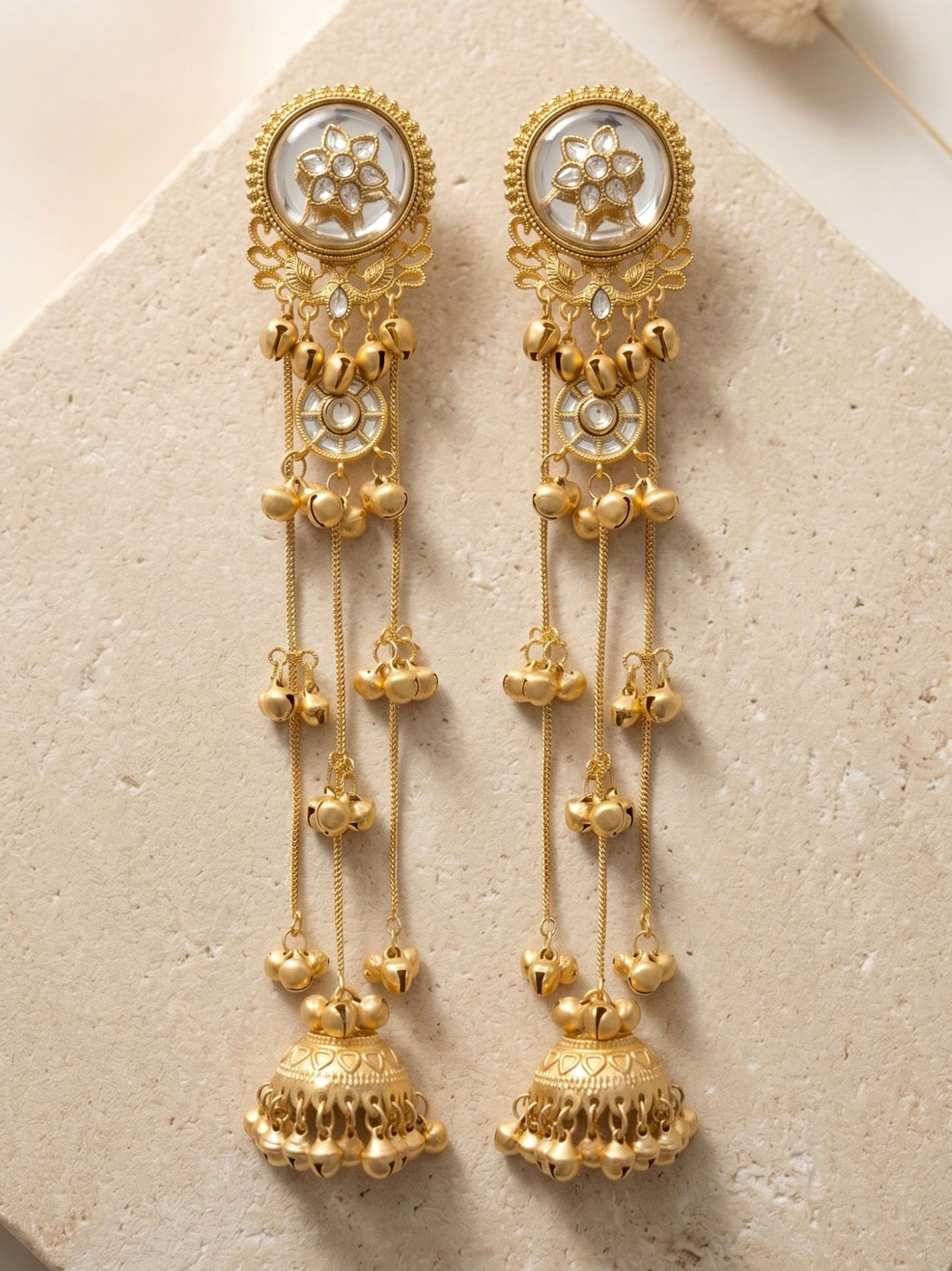 KARATCART Traditional Gold-Plated White Stone Floral Long Kashmiri Dangler Earrings for Women