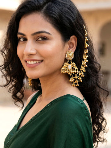 KARATCART Designer Gold-Plated Leaf Motif Multi-Layer Ghungroo Long Kaanchain Earrings for Women