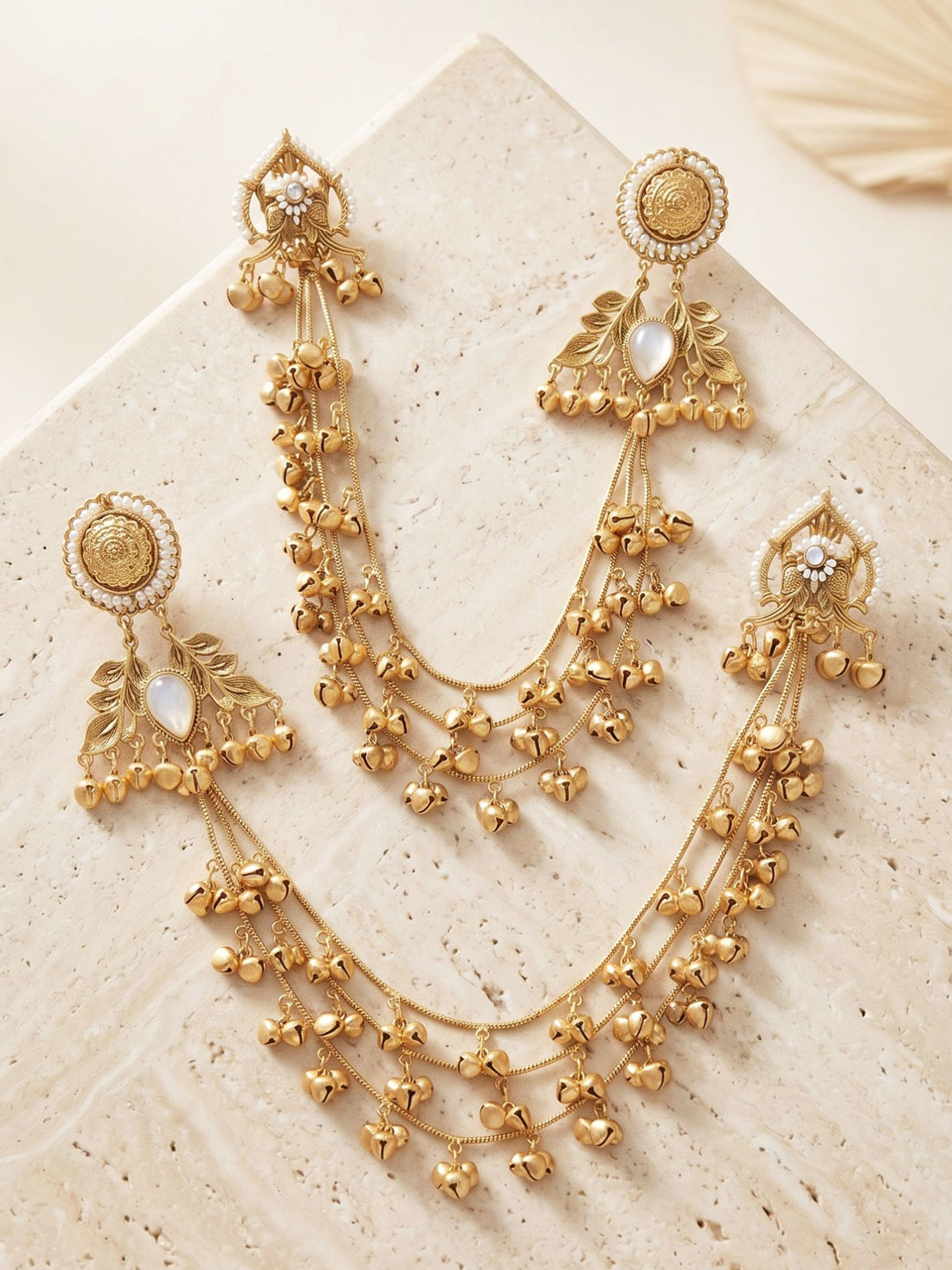 KARATCART Designer Gold-Plated Leaf Motif Multi-Layer Ghungroo Long Kaanchain Earrings for Women