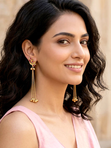 KARATCART Traditional Gold-Plated Pink Stone Leaf Motif Kashmiri Long Tassel Earrings for Women