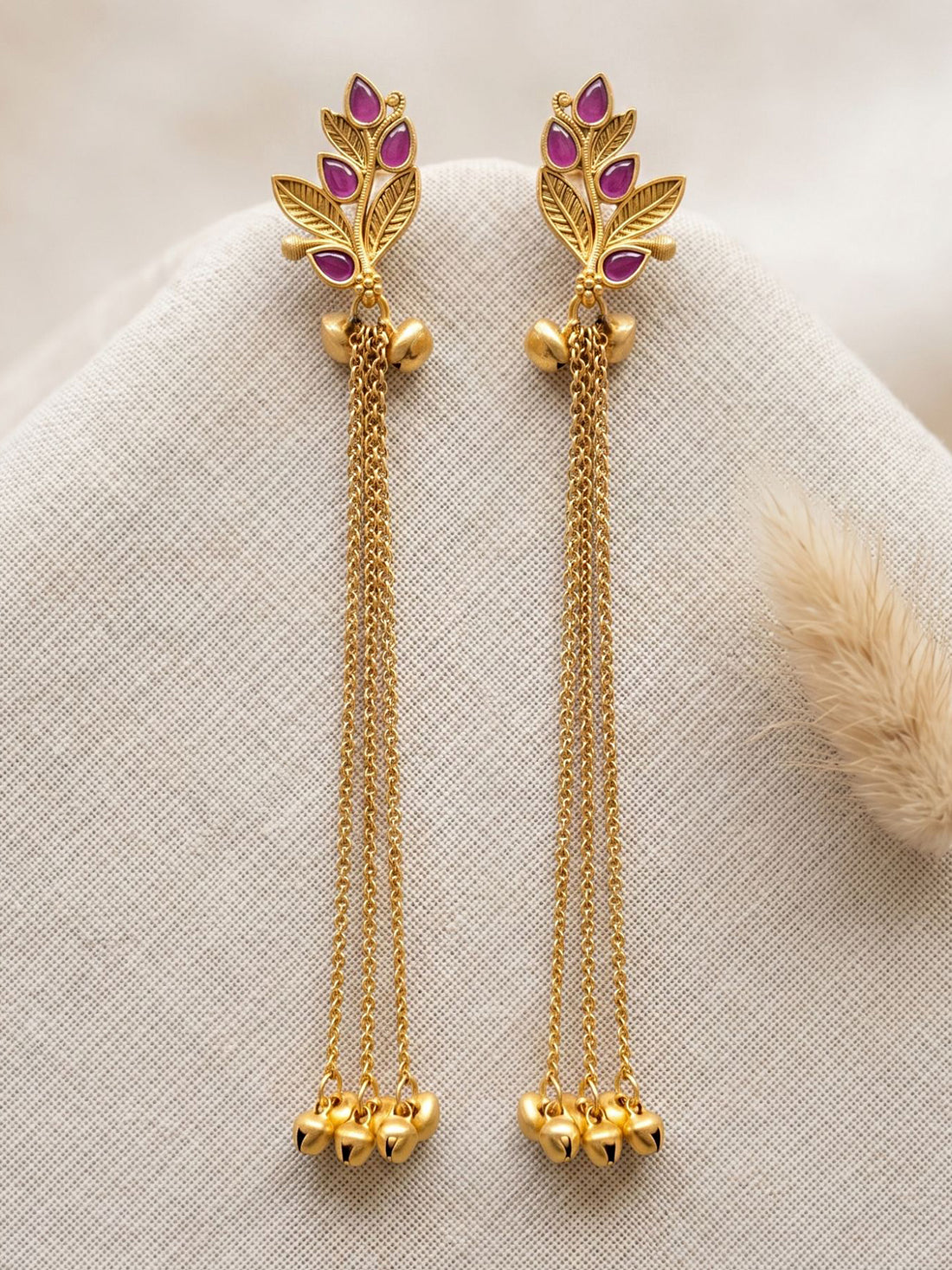 KARATCART Traditional Gold-Plated Pink Stone Leaf Motif Kashmiri Long Tassel Earrings for Women