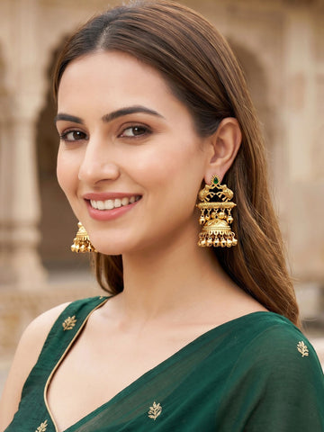 KARATCART Traditional Elephant Motif Green Stone Gold-Plated Jhumka Earrings for Women