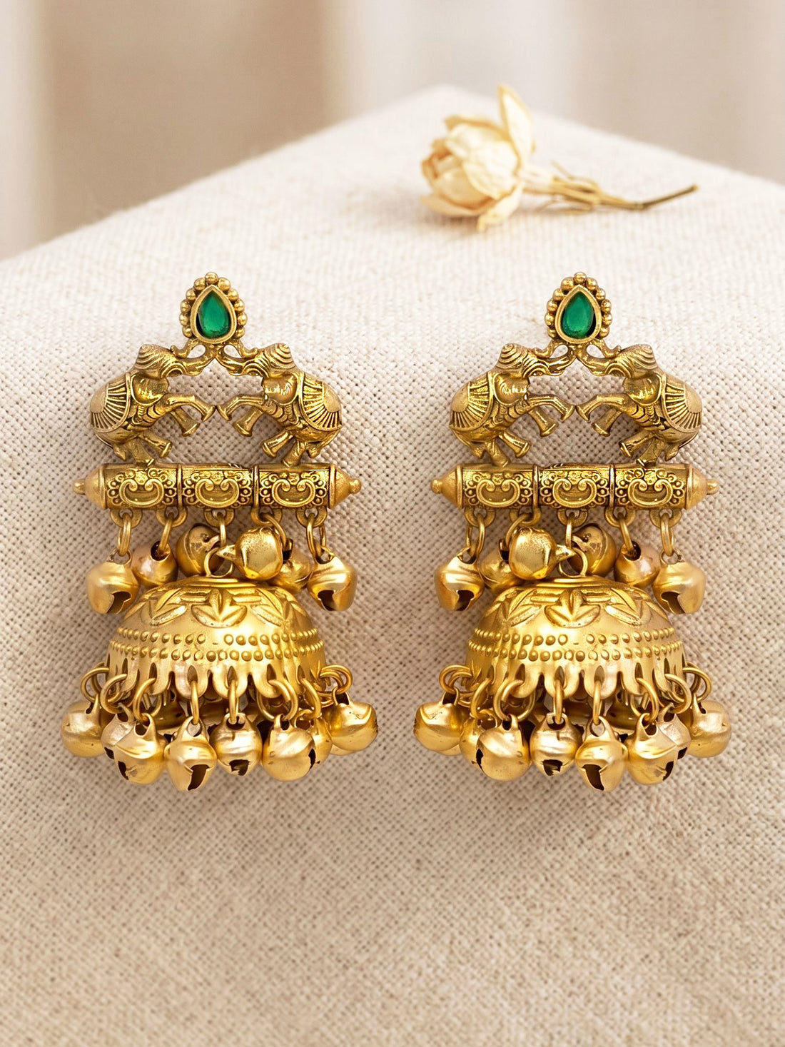 KARATCART Traditional Elephant Motif Green Stone Gold-Plated Jhumka Earrings for Women