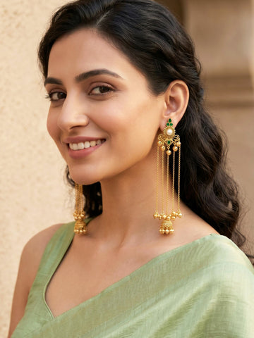 KARATCART Designer Gold-Plated Green Stone Pearl Floral Kashmiri Tassel Earrings for Women