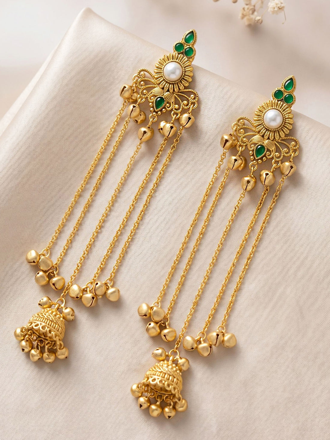 KARATCART Designer Gold-Plated Green Stone Pearl Floral Kashmiri Tassel Earrings for Women