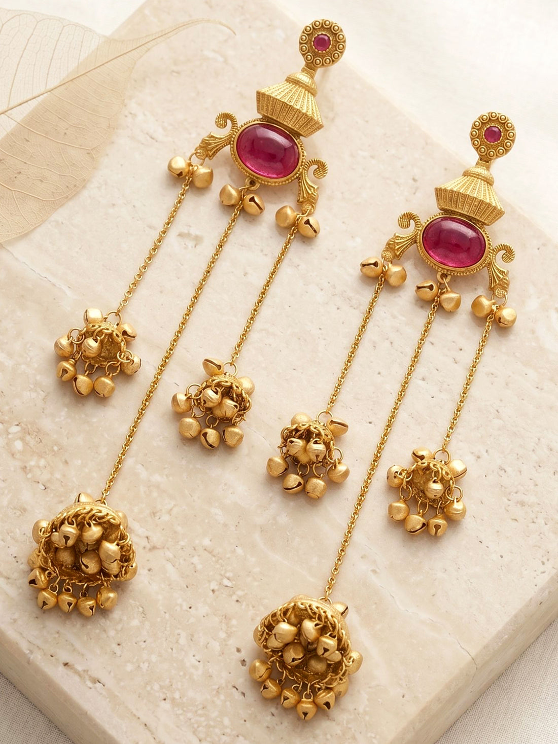 KARATCART Traditional Gold-Plated Red Stone Kashmiri Ghungroo Long Dangler Earrings for Women