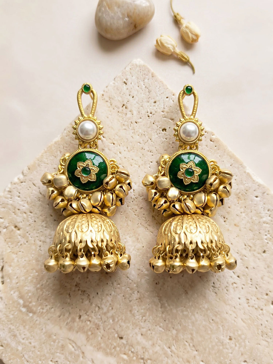 KARATCART Traditional Gold-Plated Green Stone and Pearl Ghungroo Jhumka Earrings for Women